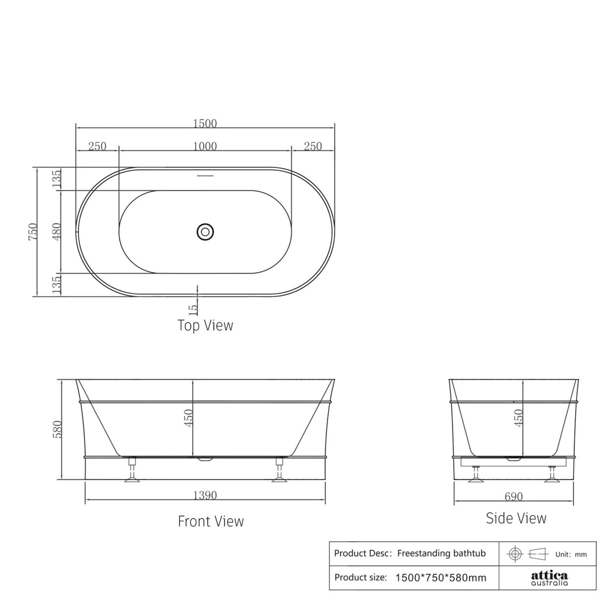 Technical drawing of a freestanding bathtub with dimensions