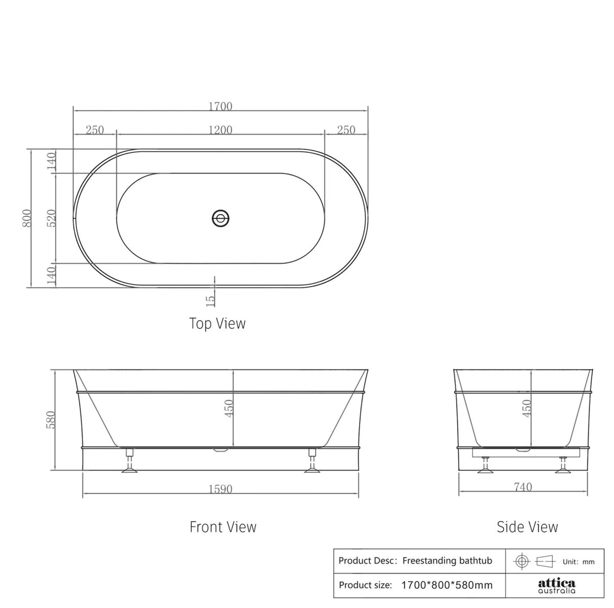 Technical drawings of a freestanding bathtub with dimensions on a white background