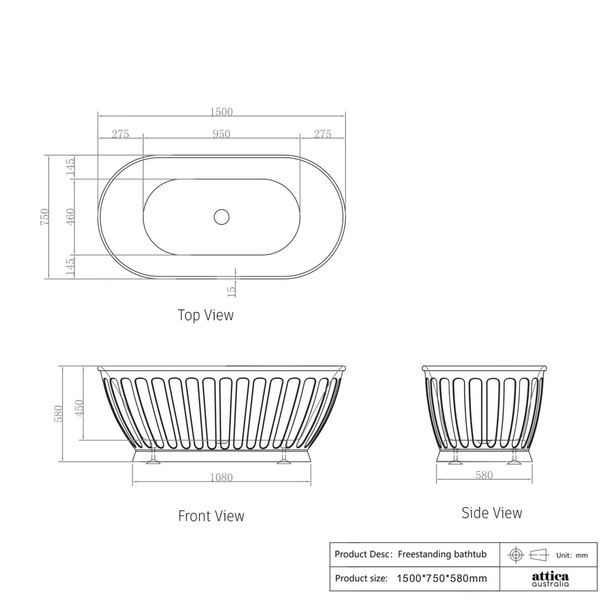 Technical drawing of a freestanding bathtub with dimensions