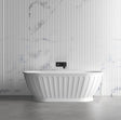White freestanding bathtub with a black faucet against a striped wall.