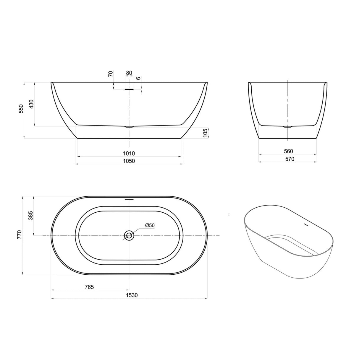 Technical drawing of a oval sink with dimensions