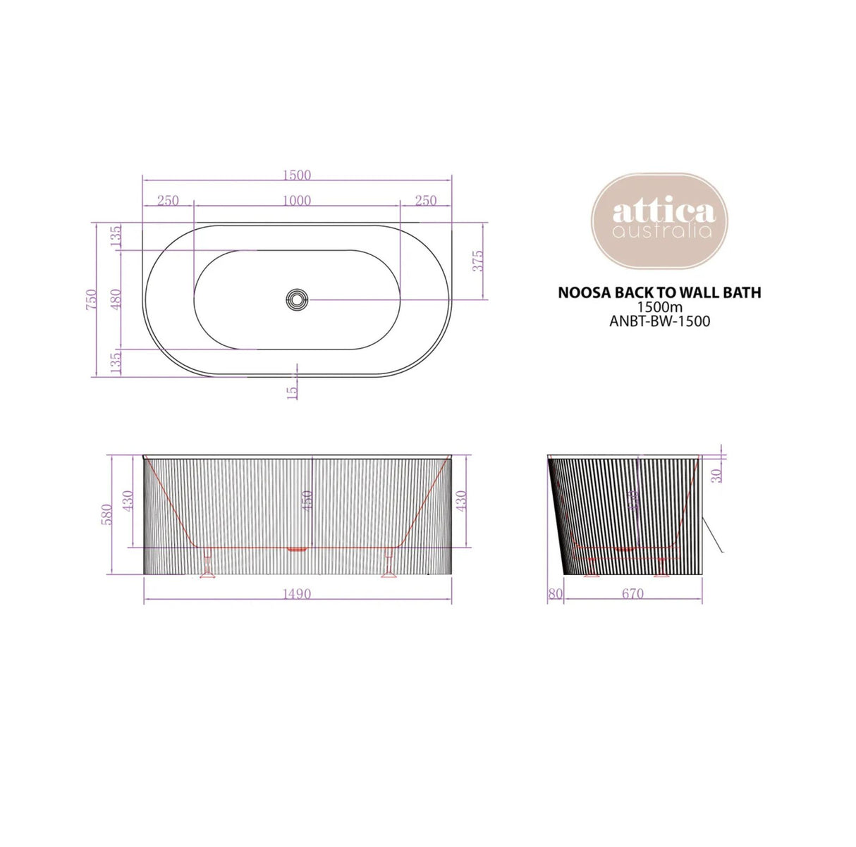 Technical drawing of a Noosa back-to-wall bath with dimensions and Attica Australia branding.