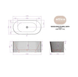 Technical drawing of a Noosa back-to-wall bath with dimensions and Attica Australia branding.