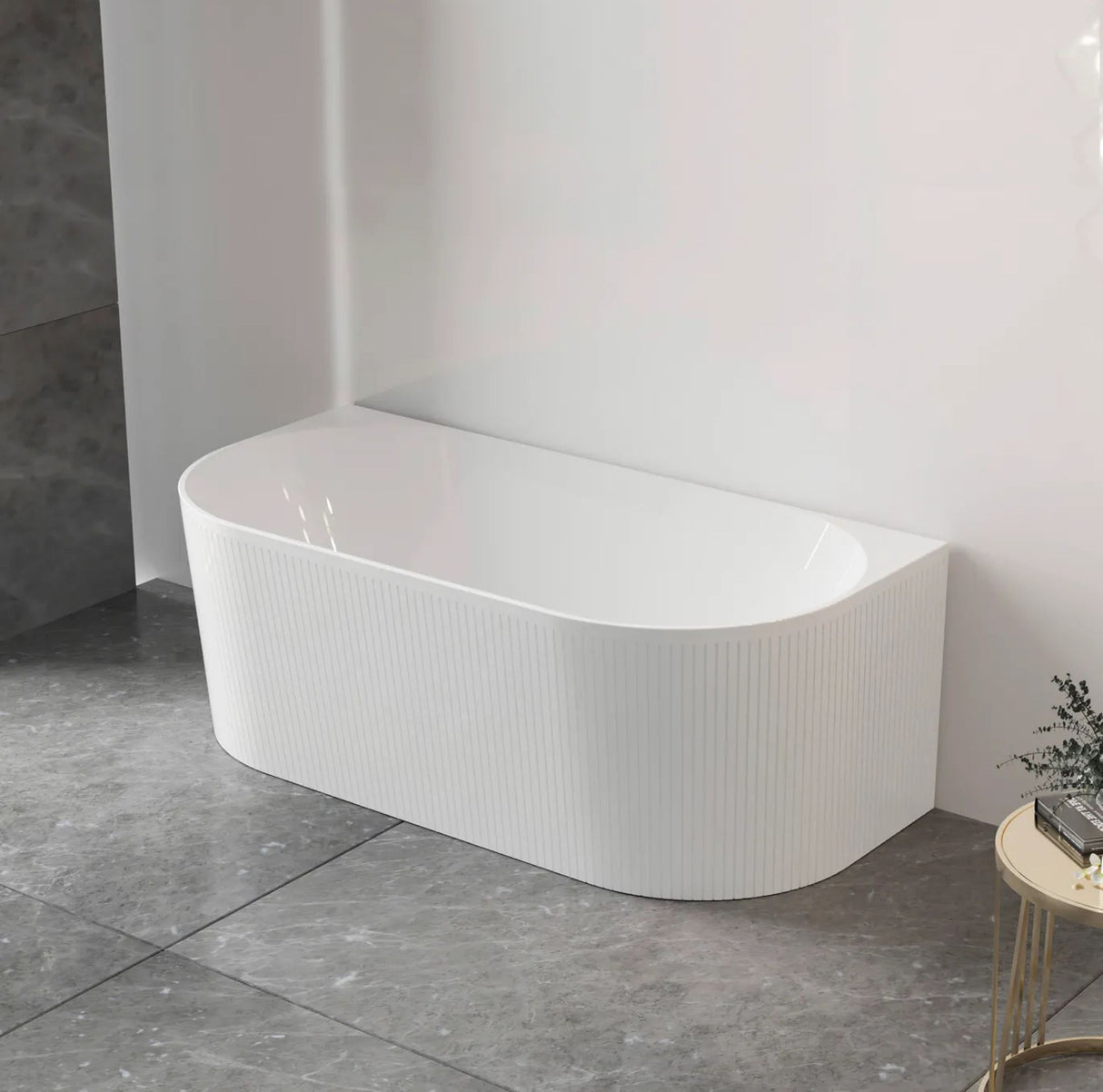 White back to wall bathtub in a modern bathroom setting with gray tiles.