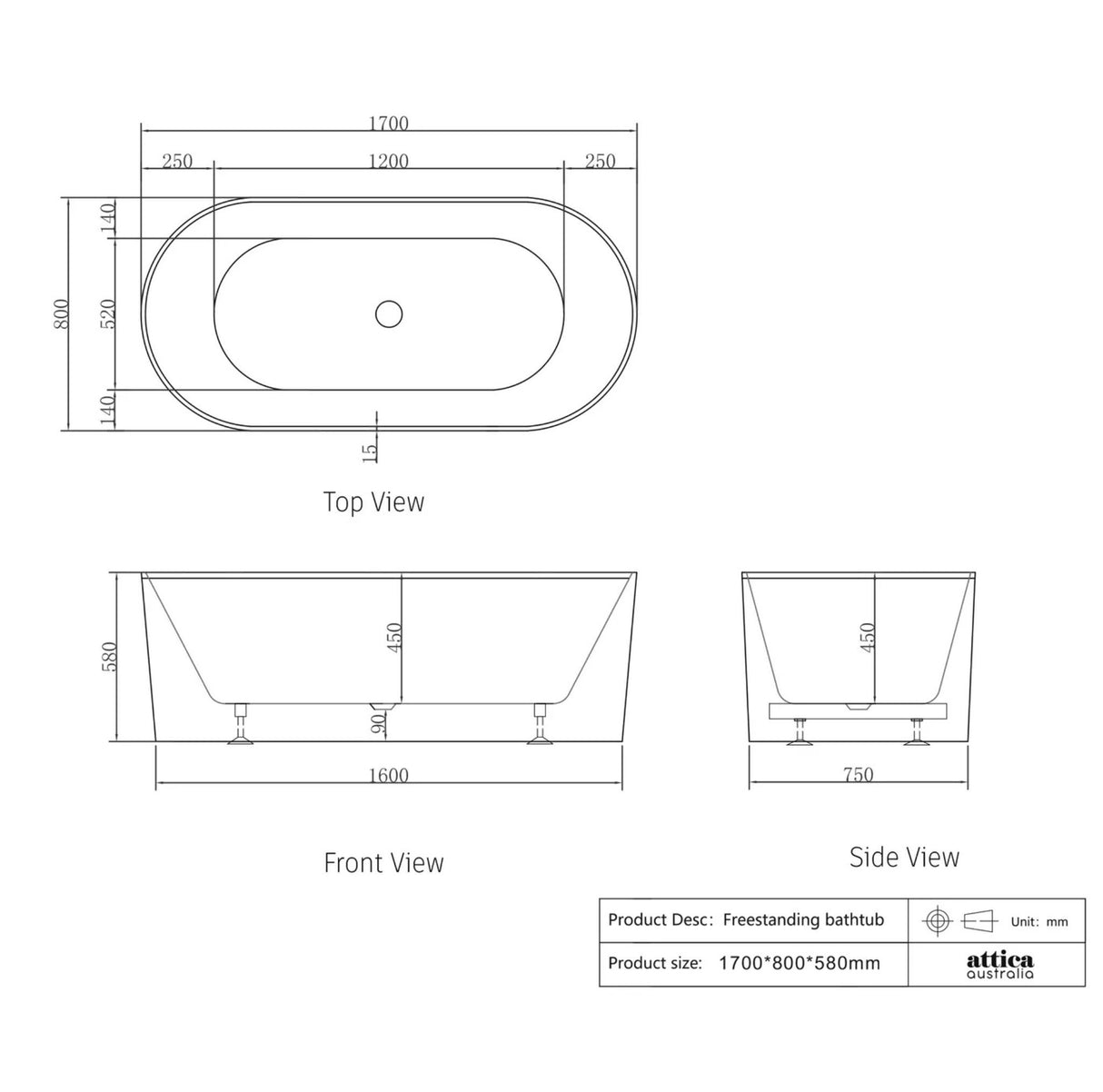 Technical drawings of a freestanding bathtub with dimensions on a white background