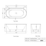 Technical drawings of a freestanding bathtub with dimensions on a white background