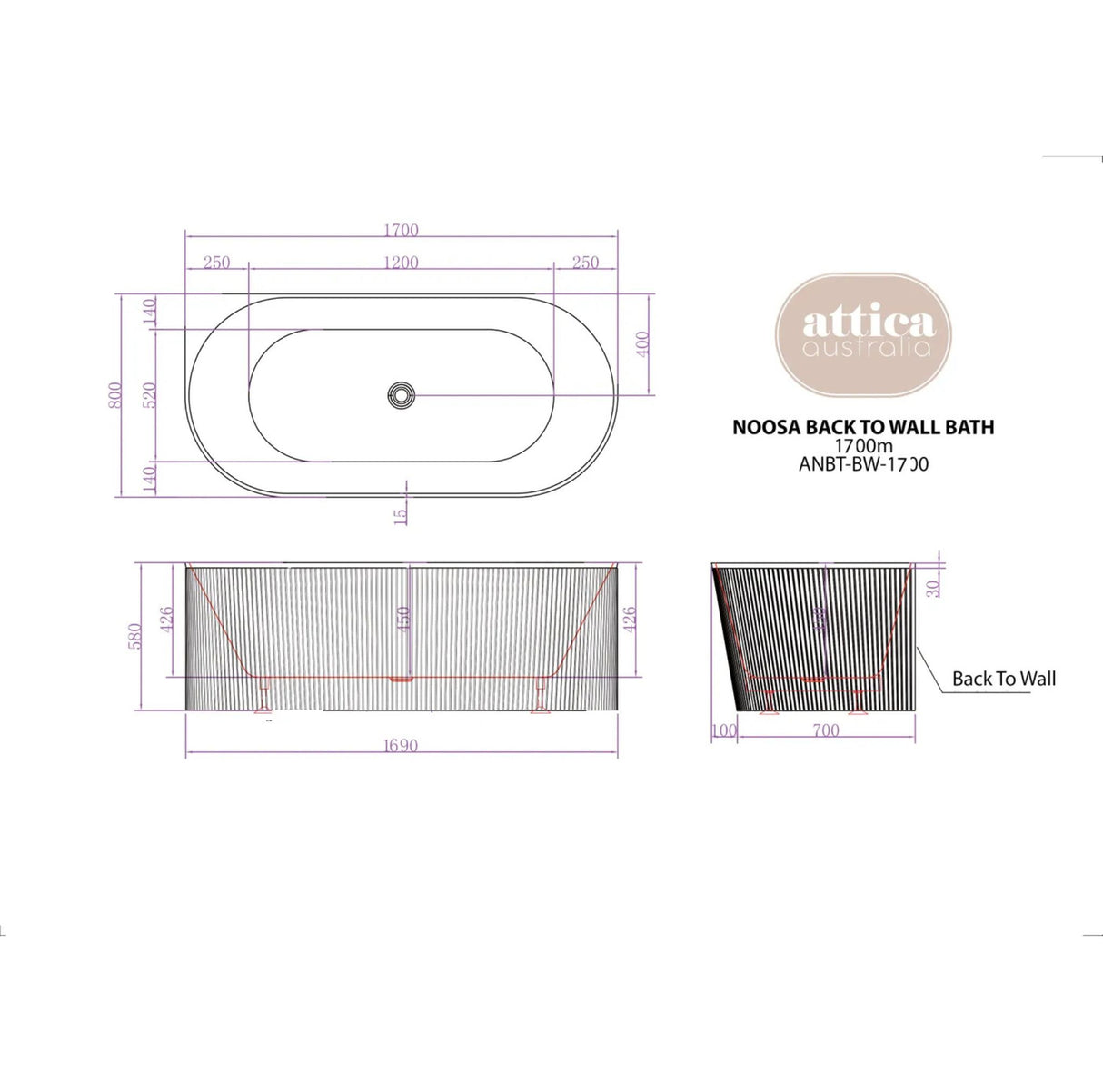 Technical drawing of a bathtub with dimensions and Attica Australia branding.
