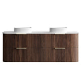 Wooden vanity with white countertop on a white background