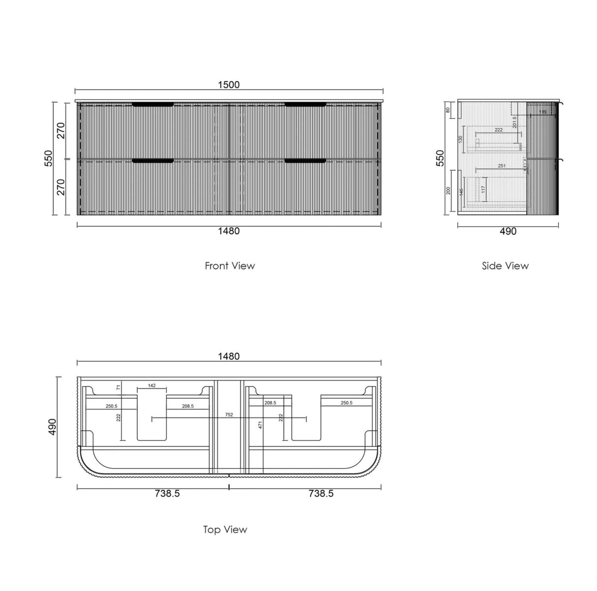 Technical drawings of a container with dimensions labeled