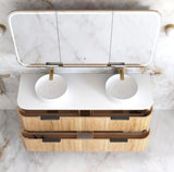Bathroom vanity with white countertop and wooden drawers on a marble floor