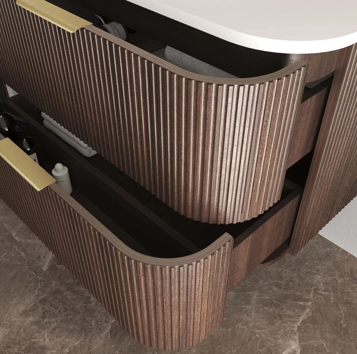 Wooden vanity with drawers on a marble floor