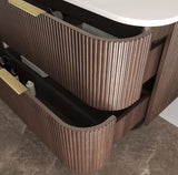 Wooden vanity with drawers on a marble floor