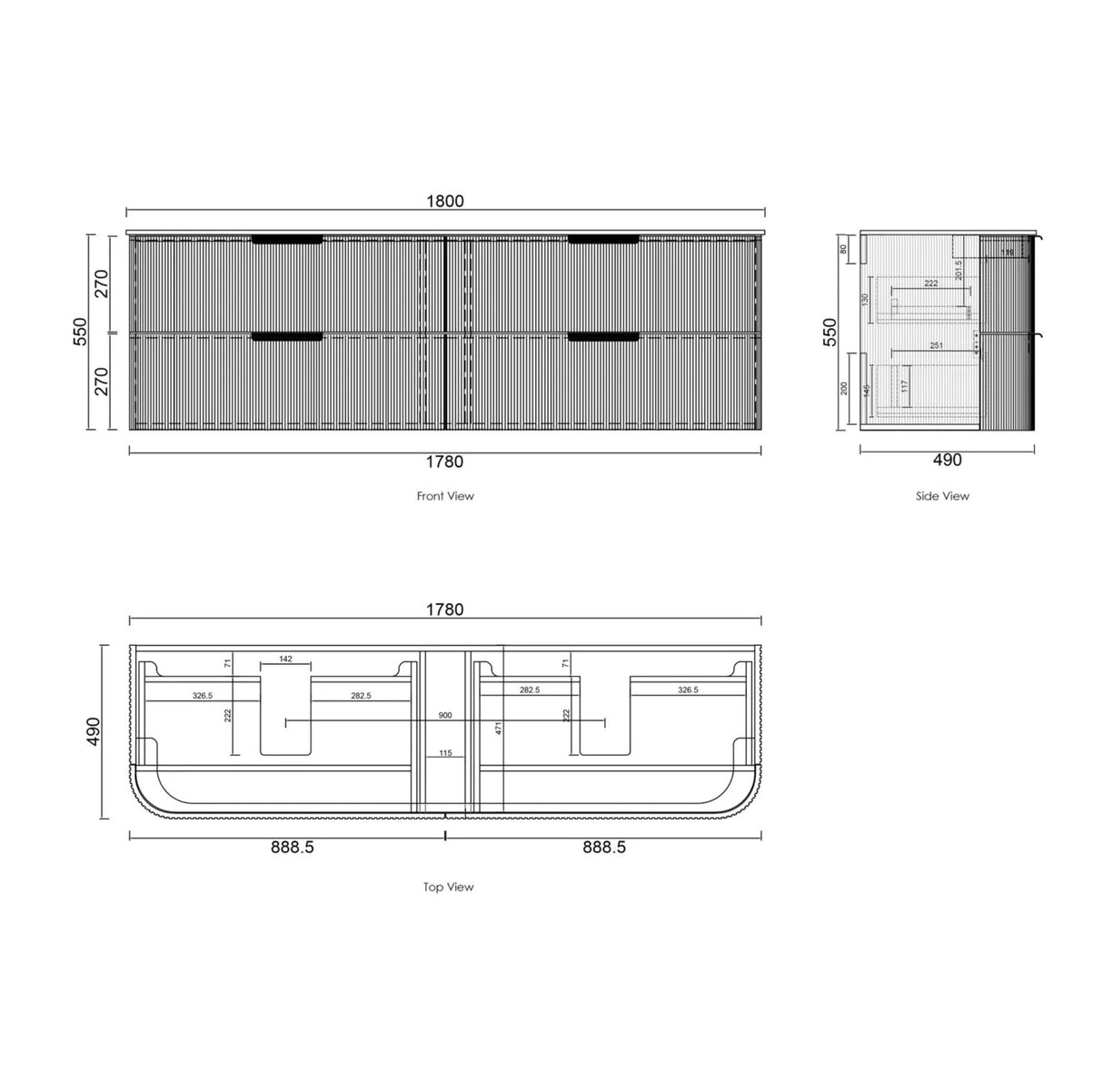 Technical drawings of a container with dimensions and views on a white background