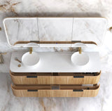 Bathroom vanity with marble countertop and wooden base on a marble floor