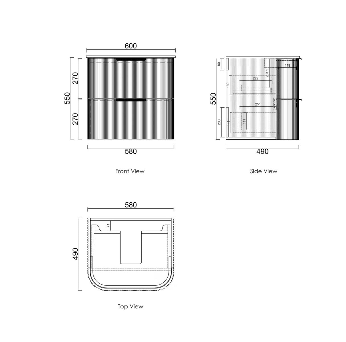 Dimensions of a storage unit shown from front, side, and top views.