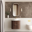 Modern bathroom with wooden vanity, mirror, and decorative elements.