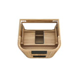 Wooden pet carrier with a black interior on a white background