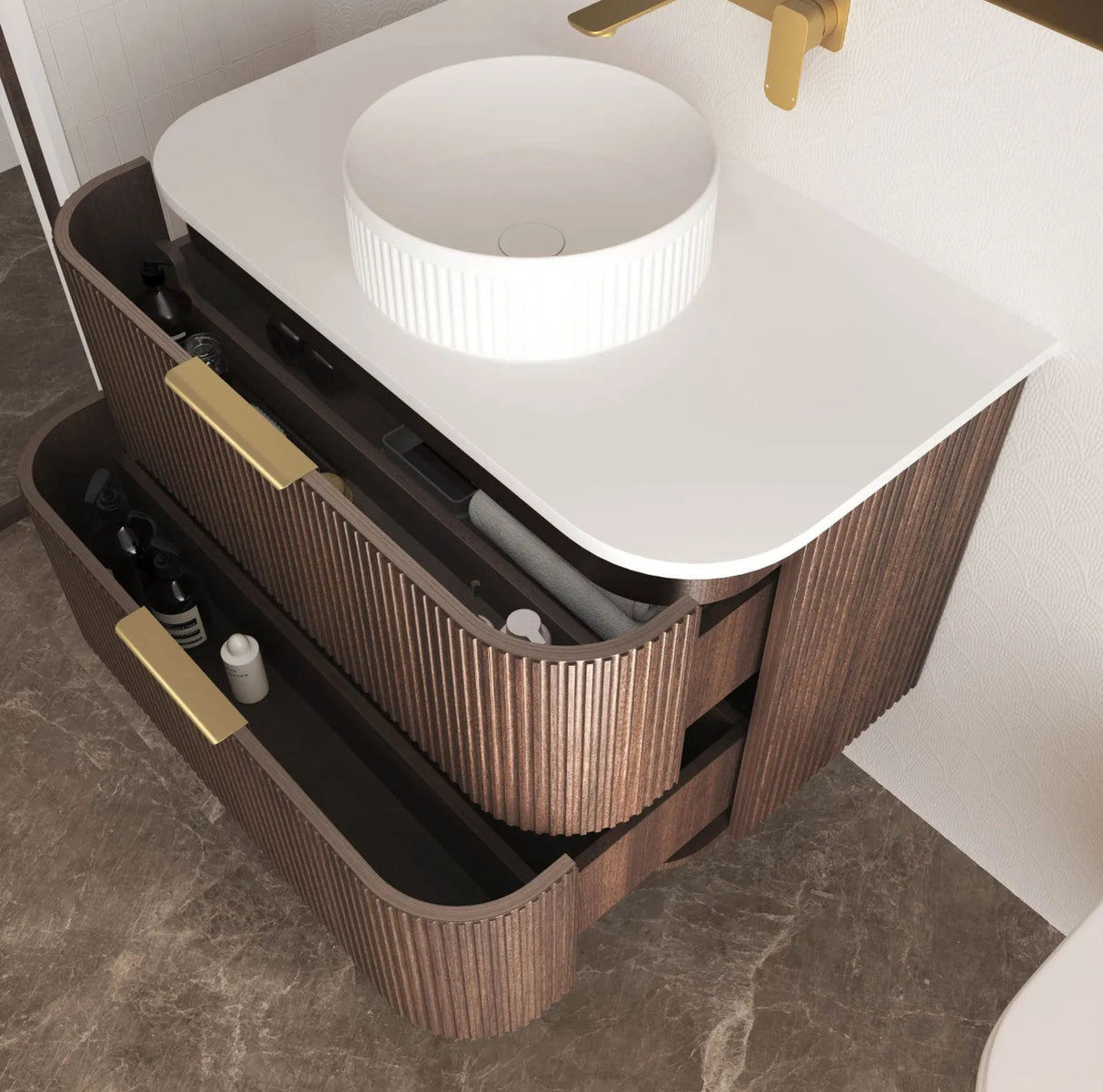 Bathroom vanity with a white sink and brown cabinet