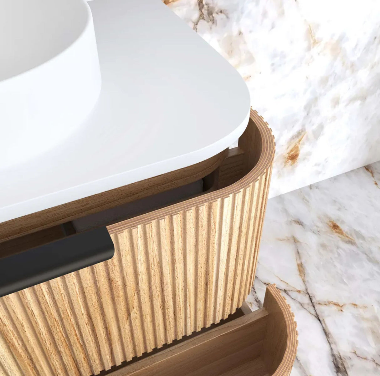 Bathroom vanity with wooden finish and white countertop on a marble floor
