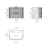 Technical drawings of a storage unit with dimensions labeled