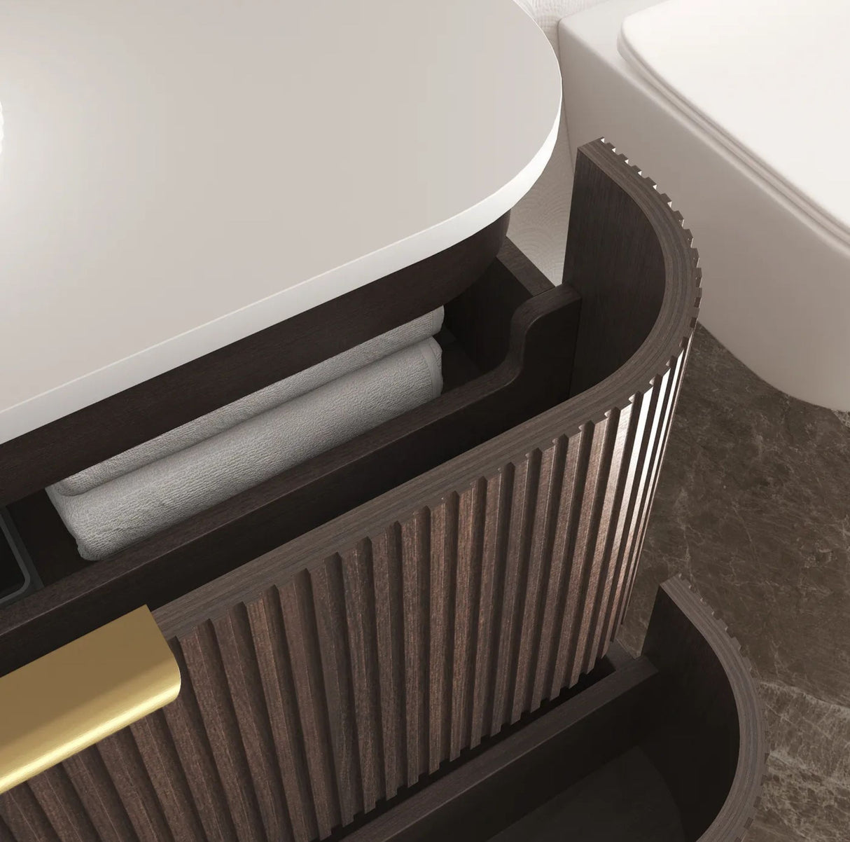 Bathroom vanity with open cabinet revealing folded towels, set against a neutral bathroom background.