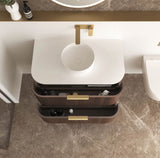 Bathroom vanity with a sink and gold fixtures on a marble floor.