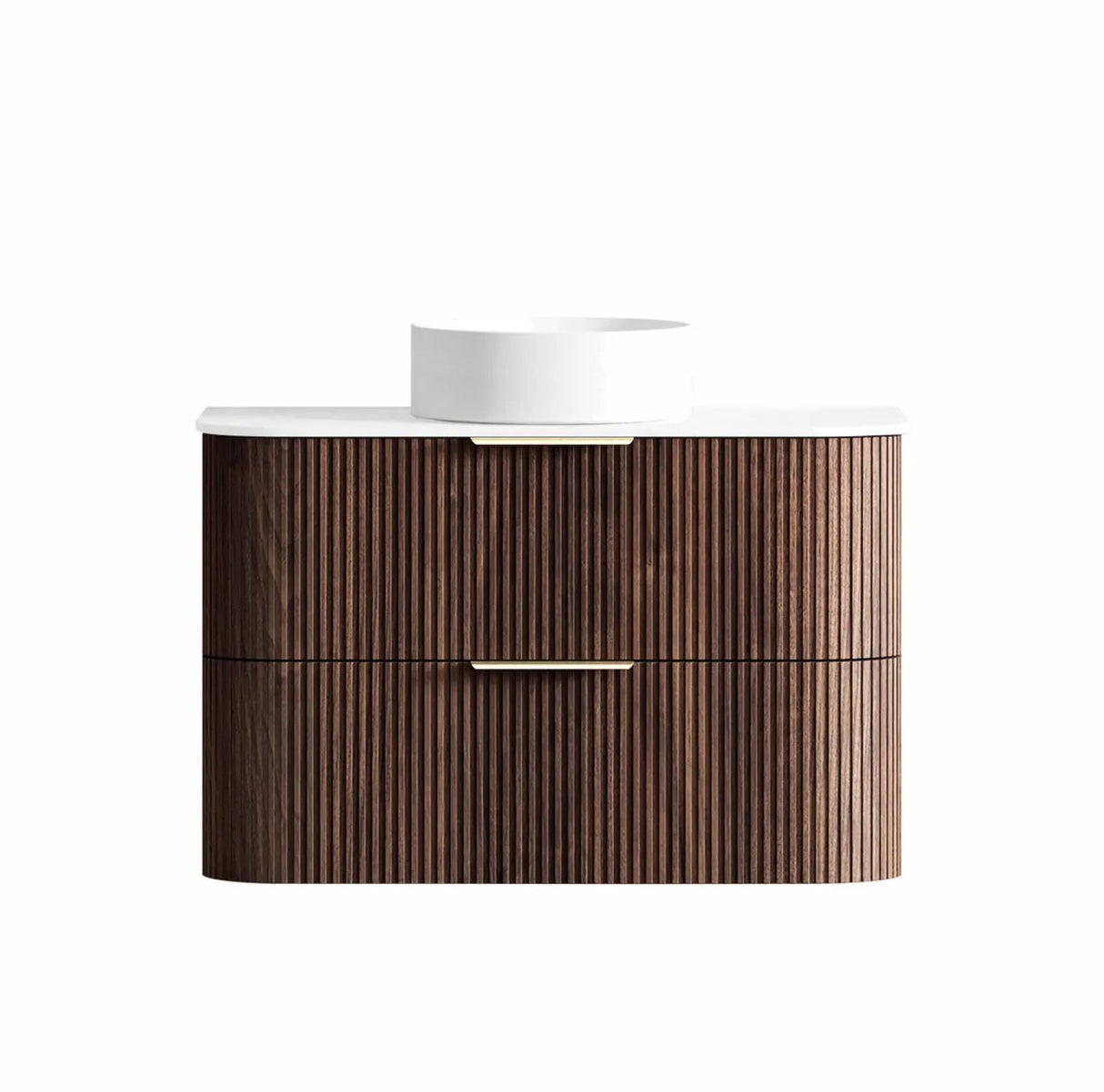 Wooden bathroom vanity with white countertop on a white background