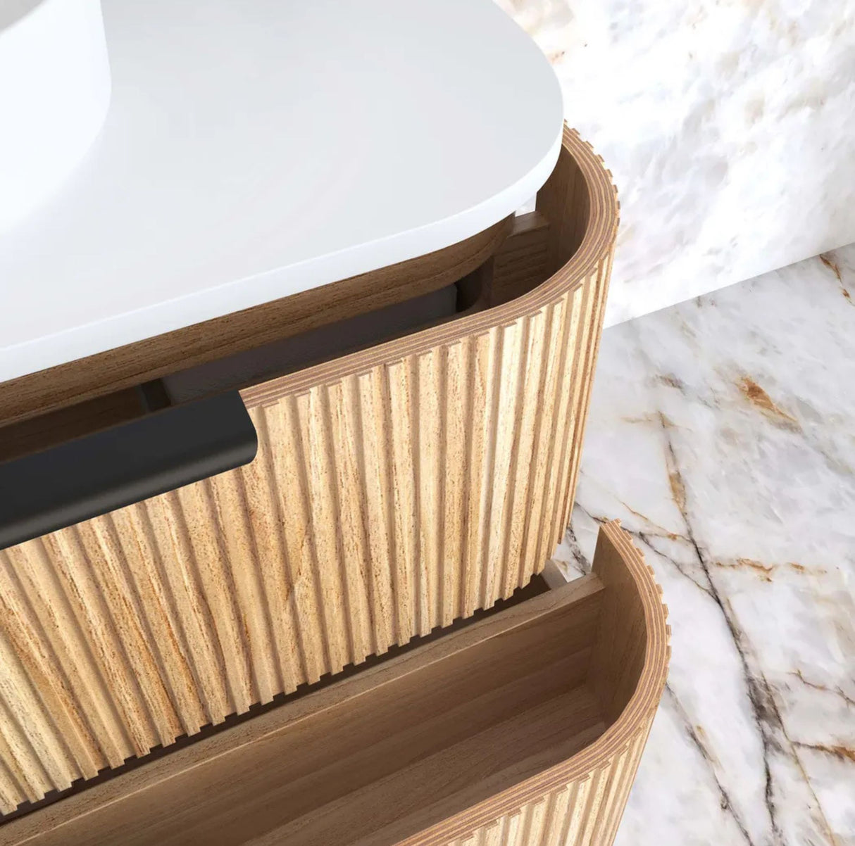 Wooden storage basket with a white lid on a marble surface