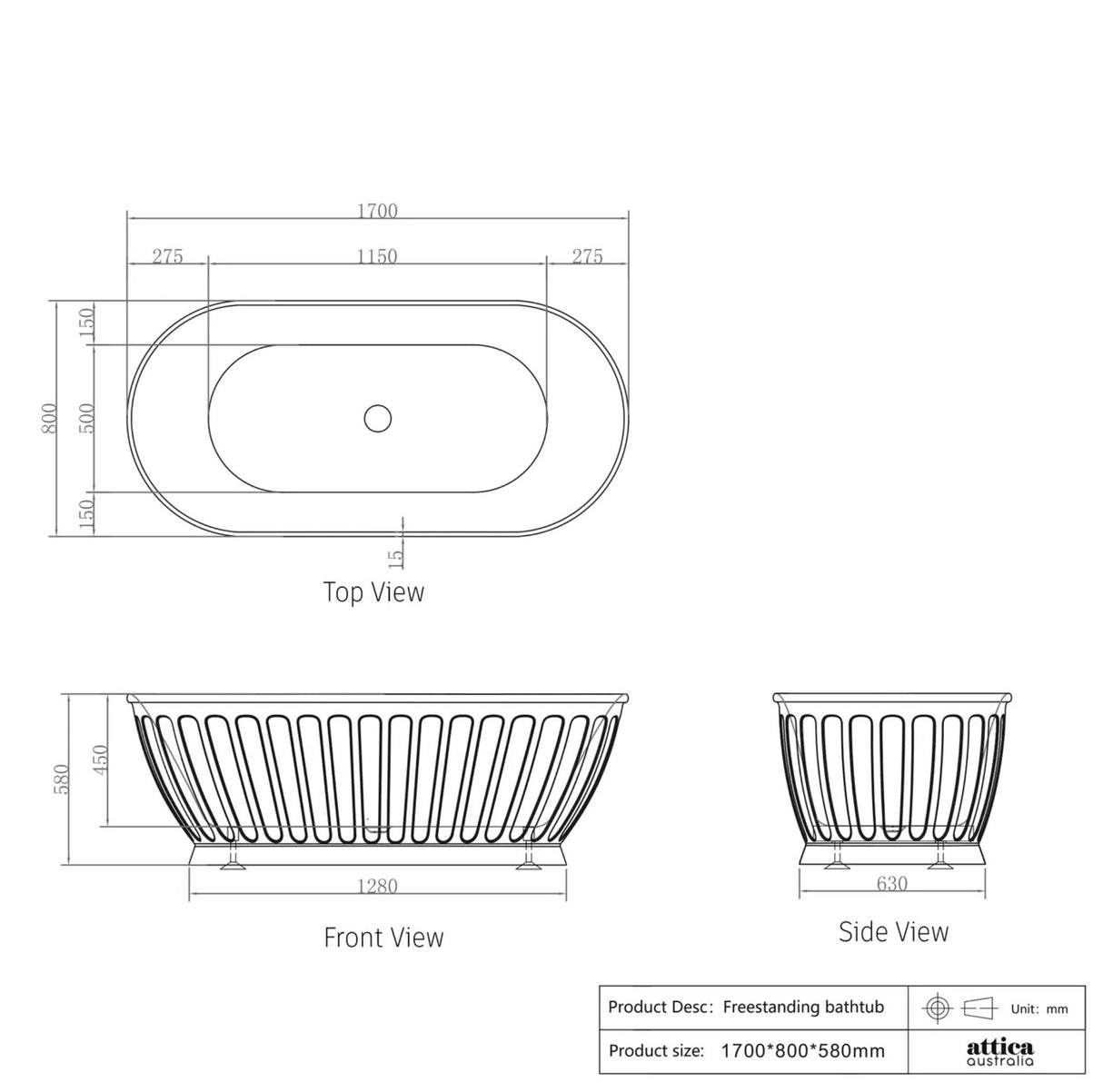 Technical drawing of a freestanding bathtub with dimensions