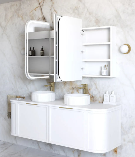 Bathroom with installed LED Newport 1500(W)x750(H) White Shaving Cabinet and vanity side view