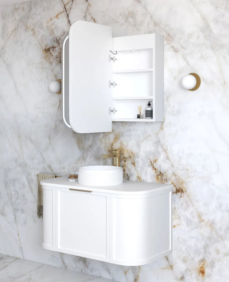 Side view - Bathroom with installed  LED Newport 900(W)x750(H) White Shaving Cabinet and vanity