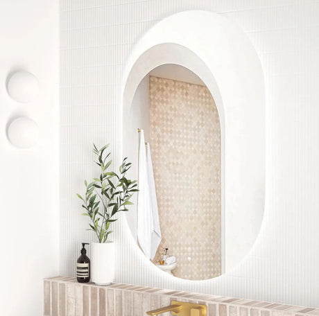Modern bathroom interior with a mirror, plant, and decorative items.
