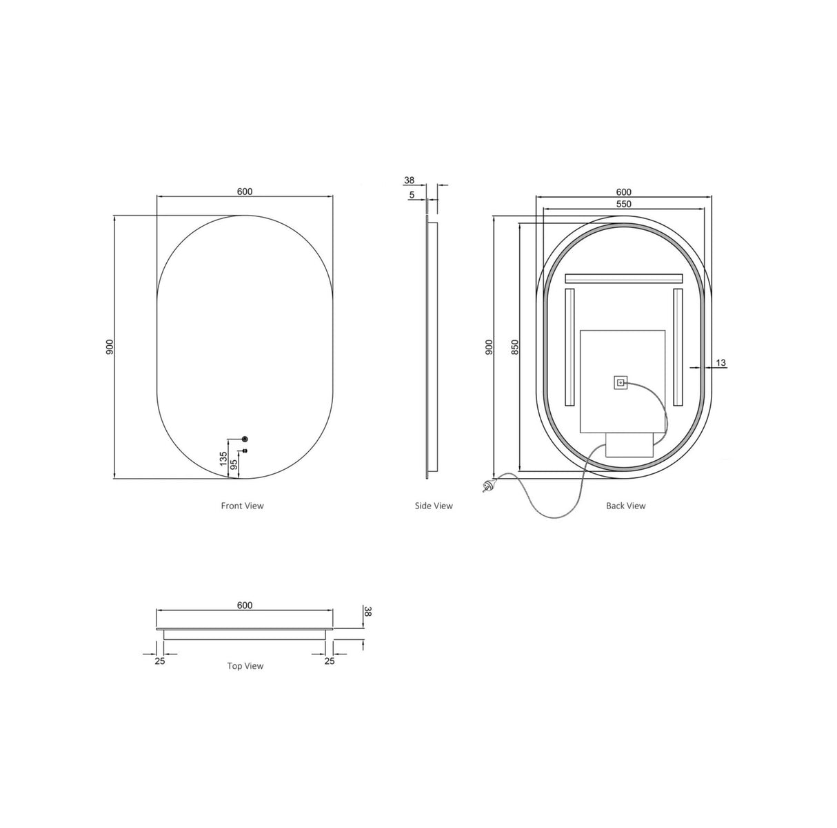 Technical drawing of a rectangular object with dimensions labeled