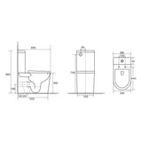 Technical dimension drawing of a wall-mounted toilet fixture set, showing front, side, and back views with measurements in millimeters on a white background.