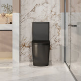 Black toilet in a modern bathroom with marble walls and floor.