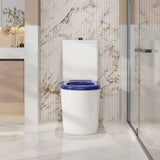 White toilet with blue seat in a modern bathroom with marble walls.