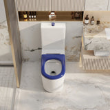 White toilet with blue seat in a modern bathroom setting