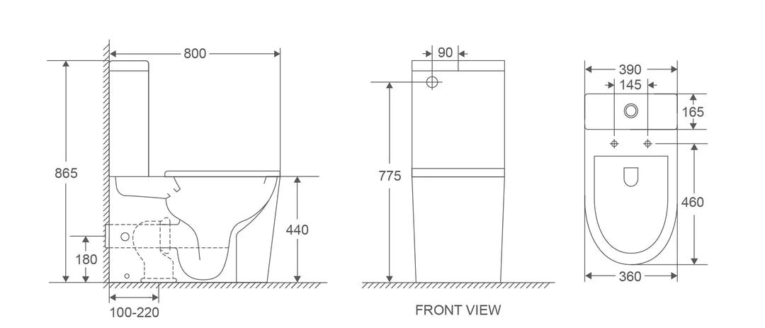 Technical drawing of a toilet with dimensions labeled