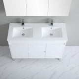 White bathroom vanity with double sink and cabinets in a modern bathroom setting.
