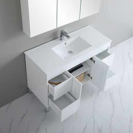top view open drawers and cabinet 1200mm polar white free standing vanity