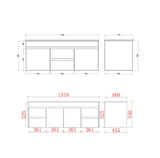 drawing of side and middle drawer 1500mm wall hung vanity