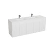 White bathroom vanity with double sink and faucet on a white background