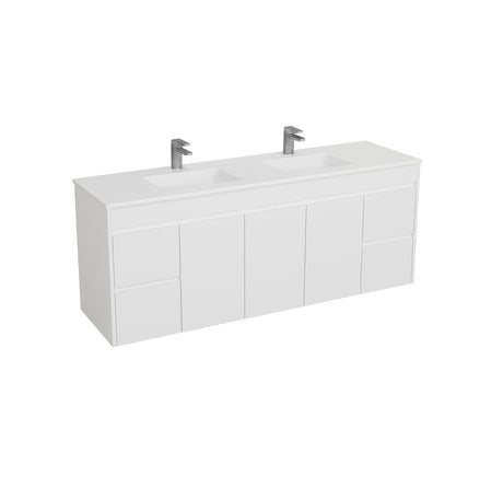 White bathroom vanity with double sink and faucet on a white background