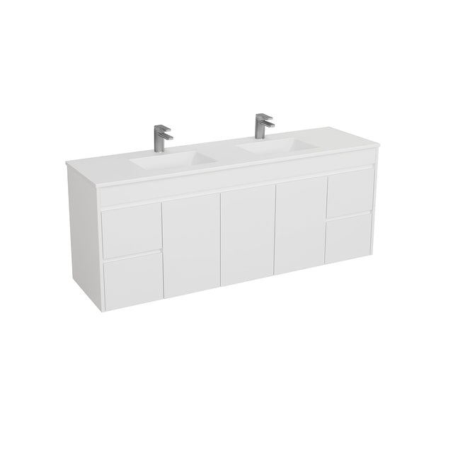 White bathroom vanity with double sink and faucet on a white background