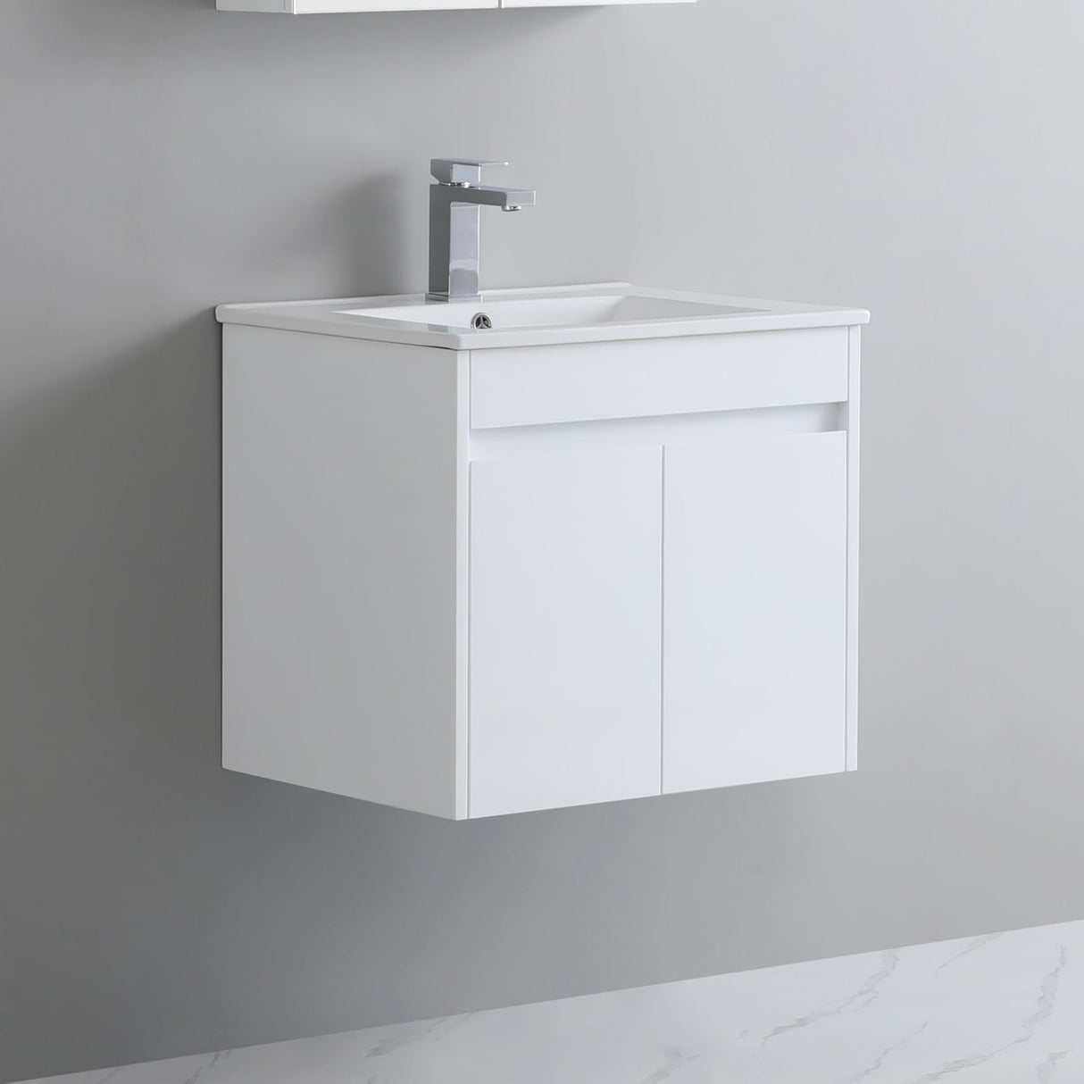 side view polar white vanity wall hung
