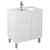 White bathroom vanity with sink on a white background