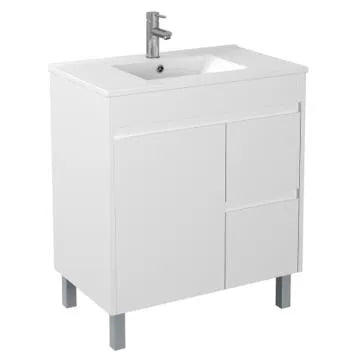 White bathroom vanity with sink on a white background