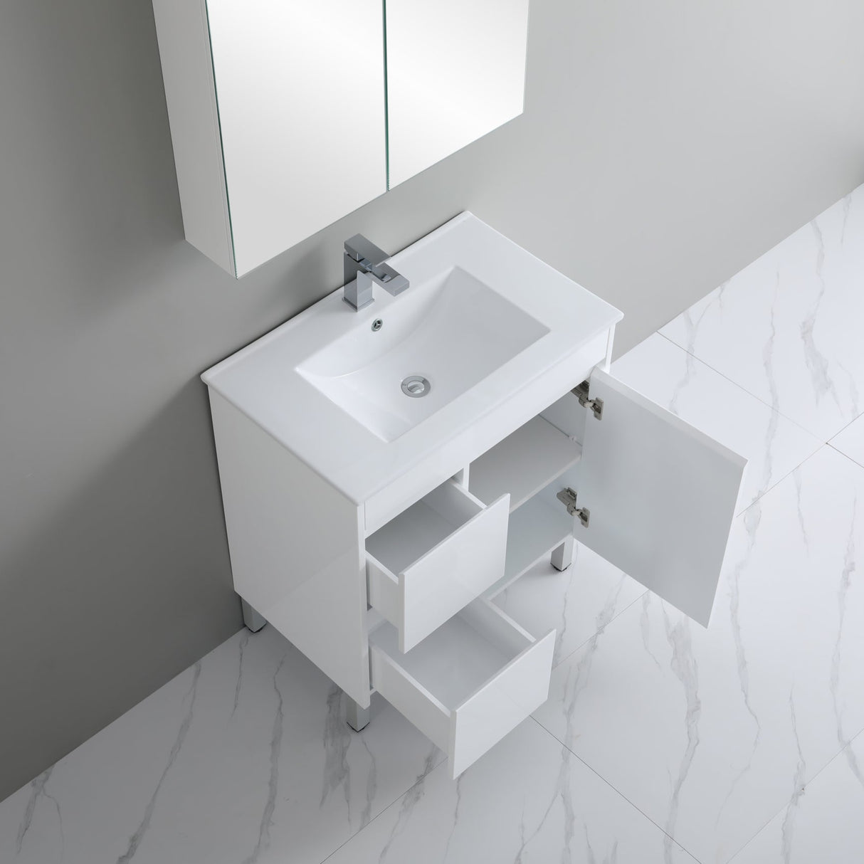 polar vanity in white open cabinet and drawers