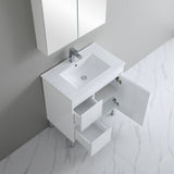polar vanity in white open cabinet and drawers