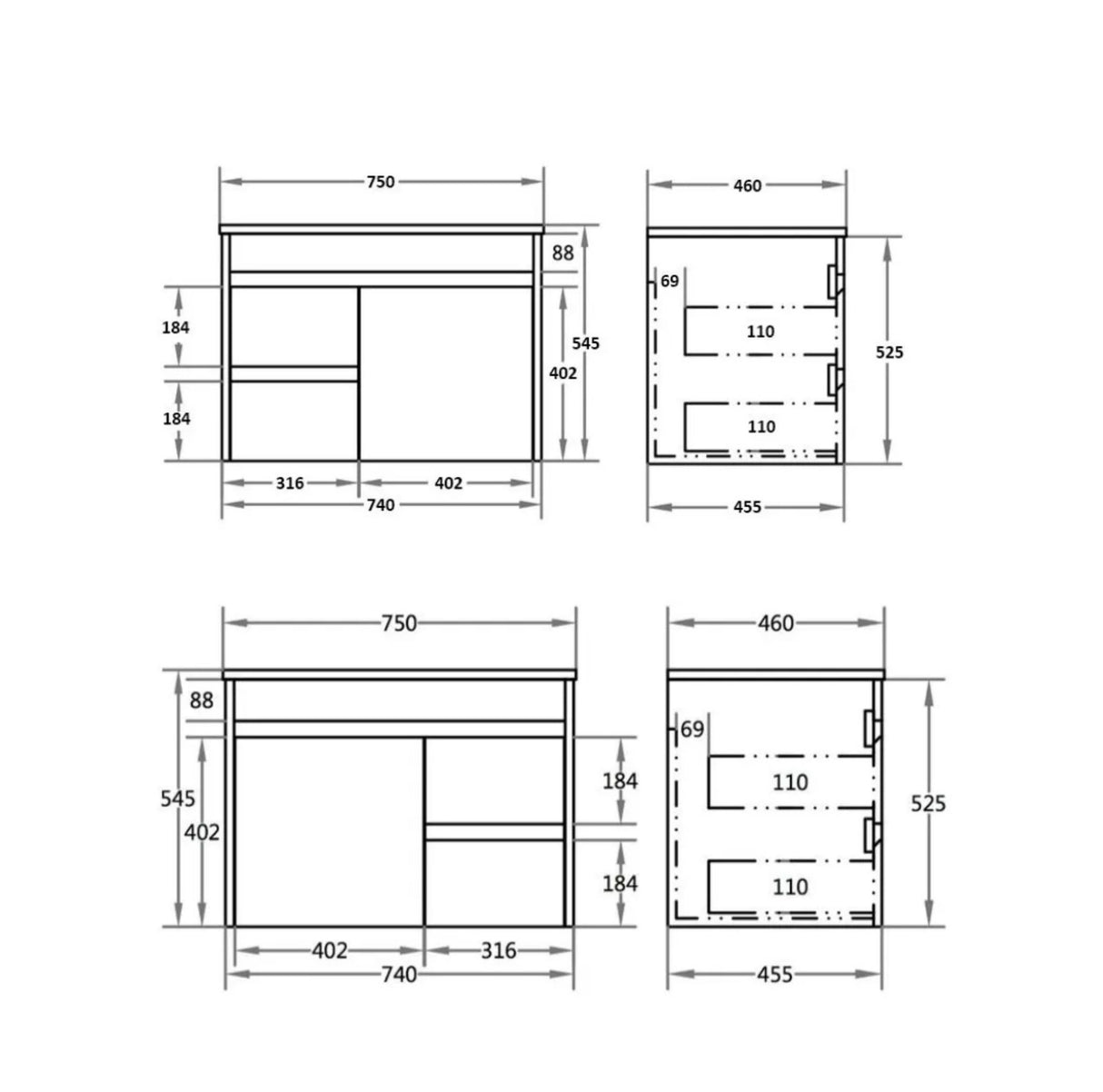 drawing 750mm left  and right drawer wall hung vanity